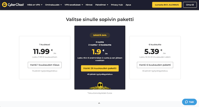 Kuva CyberGhostin hinnoittelusta