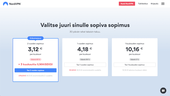 Kuva NordVPN:n hintasivulta